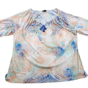 Lauren Ralph Lauren Blouse Womens 2X Multi Paisley Tassel Neck 3/4 Sleeve Top